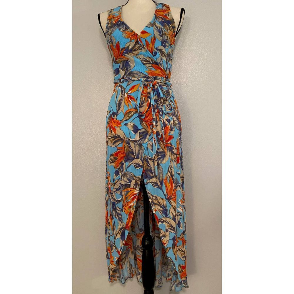Mahina Maui Boutique Long Wrap Dress Sundress Floral Open Back Hi-Lo Hemline M